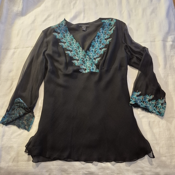 SilkLand Tops - Silkland 2X 100% Silk Black & teal flutter sleeve  embroidered lined blouse EUC